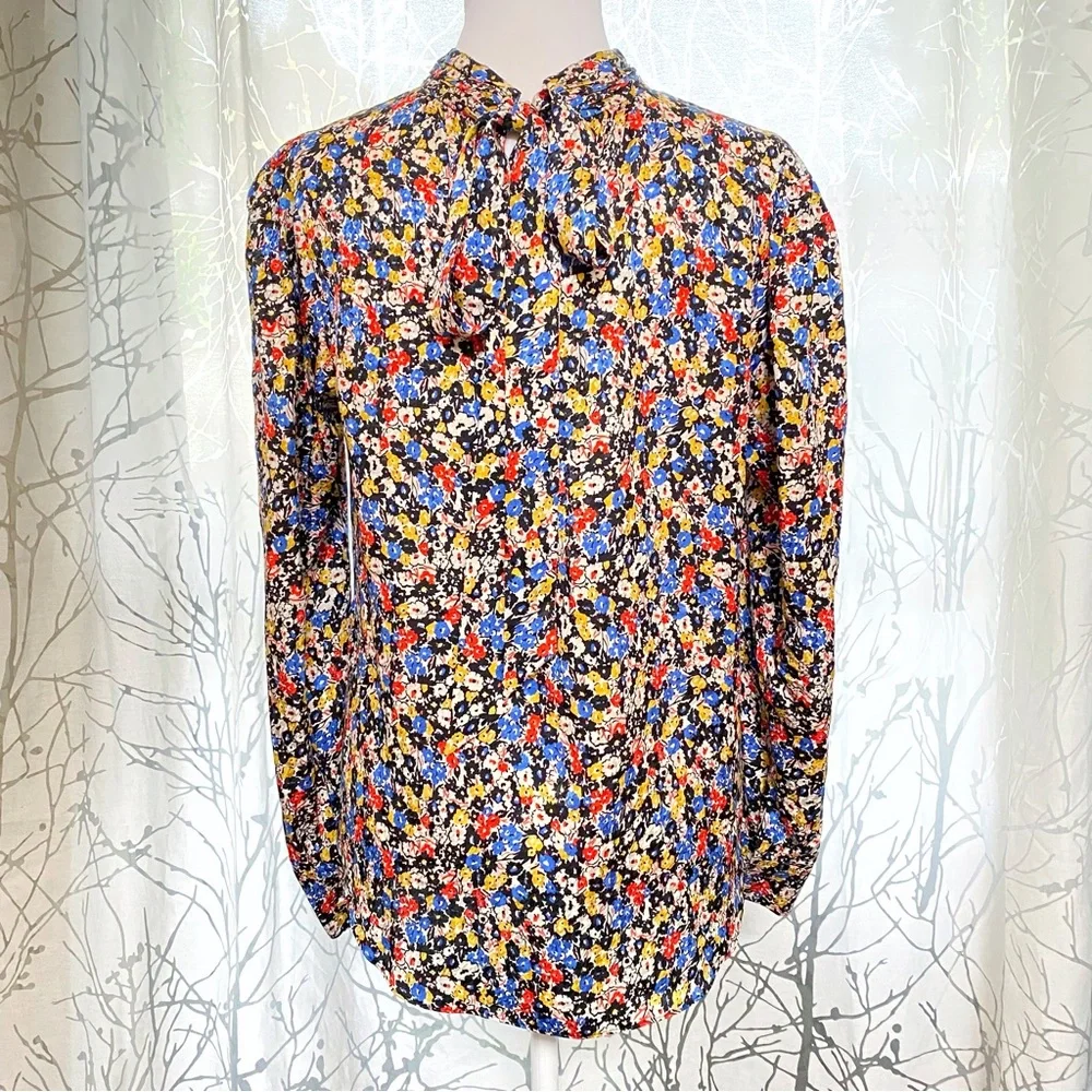 Veronica Beard mena black white red floral print neck tie silk blouse top - Picture 6 of 16